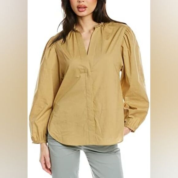 Vince Band-Collar Braided-Trim Button Front Puff Sleeve Shirt Mustard Size XXXL - Picture 7 of 8